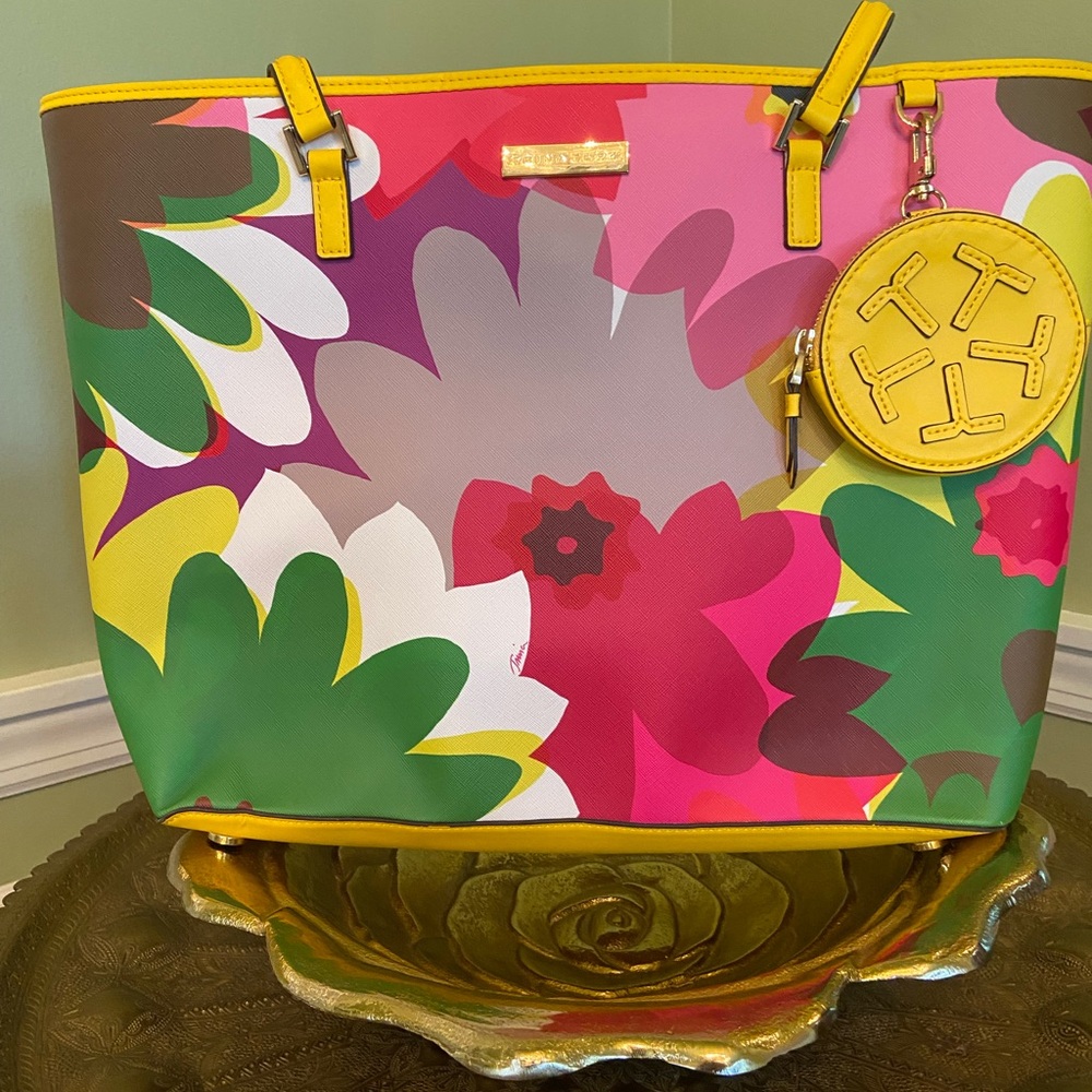 Trina Turk Multicolor Floral Tote with Yellow Trim